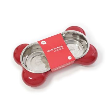 Hing The Bone Design Feeding Bowl for Dog - Small - Red