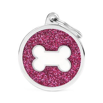 MyFamily Big Pink Glitter White Bone Dog ID Tag