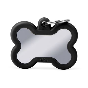 MyFamily Chrome Plated Brass Black Rubber Bone Dog ID Tag