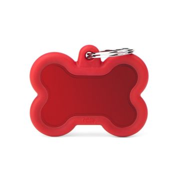MyFamily Hushtag Big Aluminum Bone with Rubber Pet ID Tag - Red