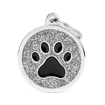 MyFamily Shine Big Circle Grey Glitter Black Paw Pet ID Tag